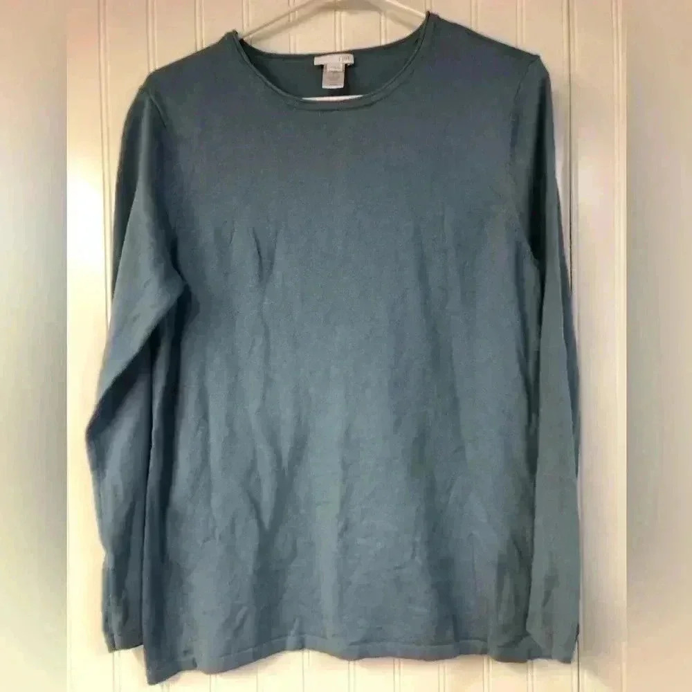 J. Jill Medium Crewneck Pullover Sweater Long Sleeve Button Detail Blue